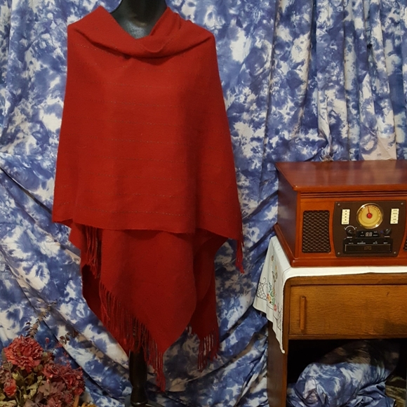 Raspberry Red Blanket Fringe Wrap w/ Subtle Stripe - Picture 2 of 6
